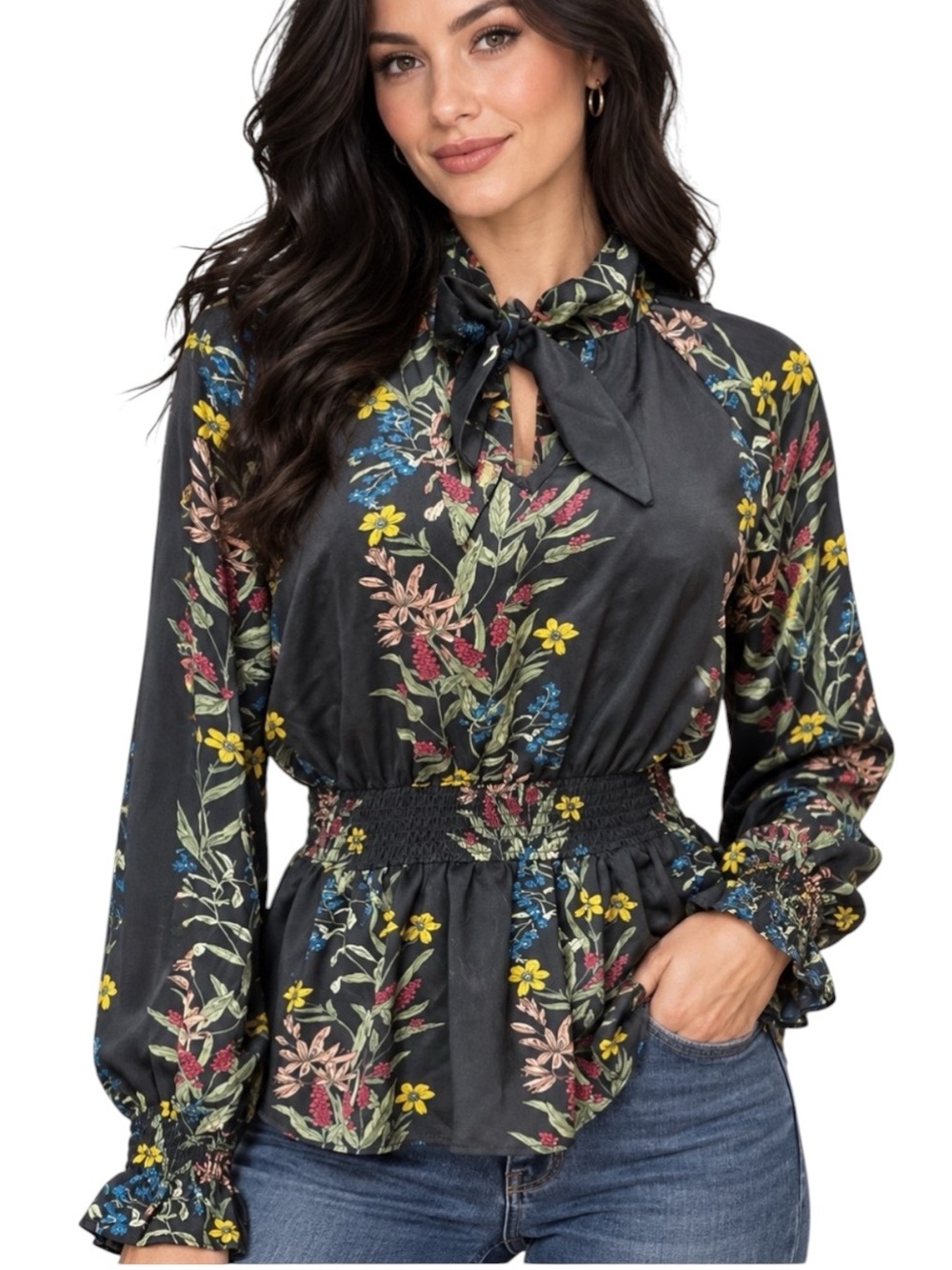 Truth Black Floral Tie-Neck Smocked Waist Blouse small
